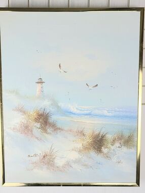 Vintage Signed Ocean Waves Lighthouse Coastal Scene Oil Canvas Painting